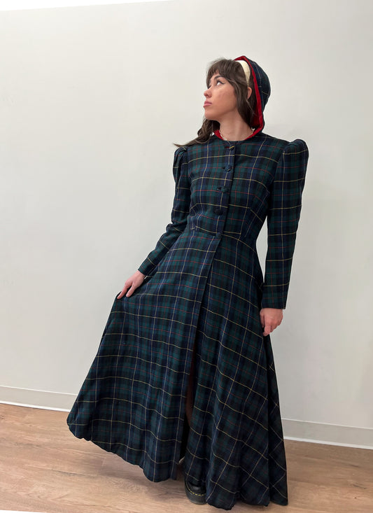 1940s Vintage Hooded Plaid Full Length Coat
