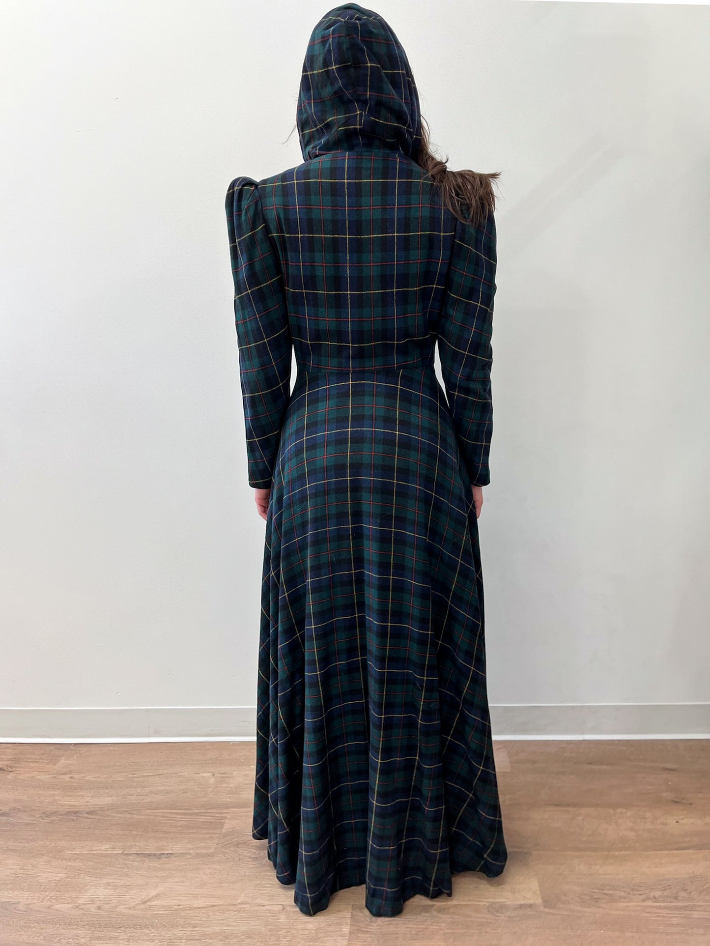 1940s Vintage Hooded Plaid Full Length Coat