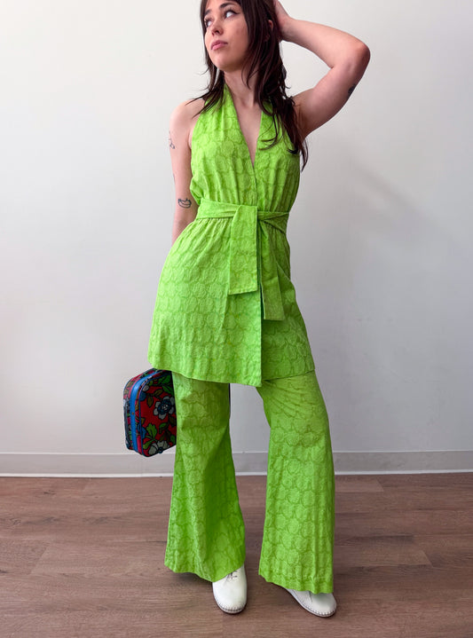 1960s Vintage Neon Green Roses Elastic Waist Halter Multi Piece Set