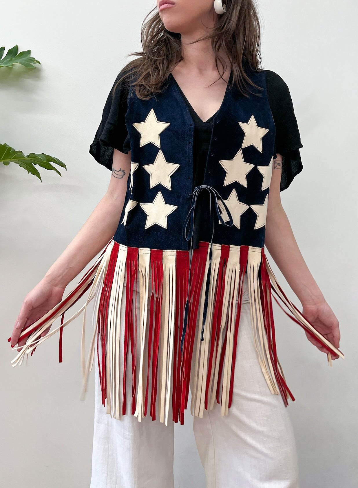 1970s Vintage Stars and Stripes Americana Suede Fringe Vest