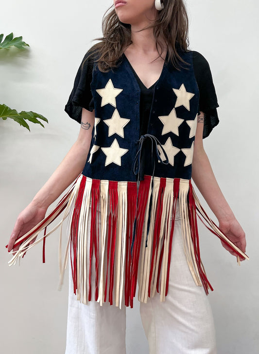 1970s Vintage Stars and Stripes Americana Suede Fringe Vest