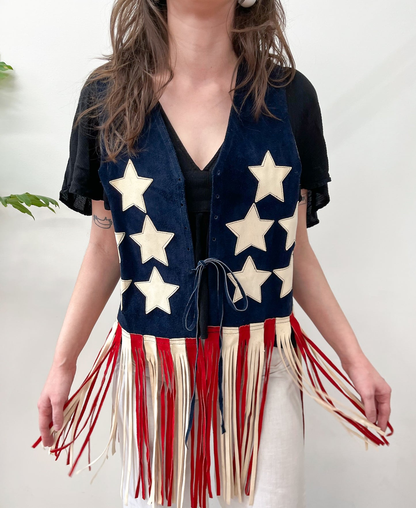 1970s Vintage Stars and Stripes Americana Suede Fringe Vest