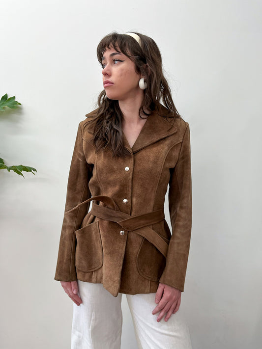 1970s Vintage Brown Suede Leather Snap Jacket with Belt