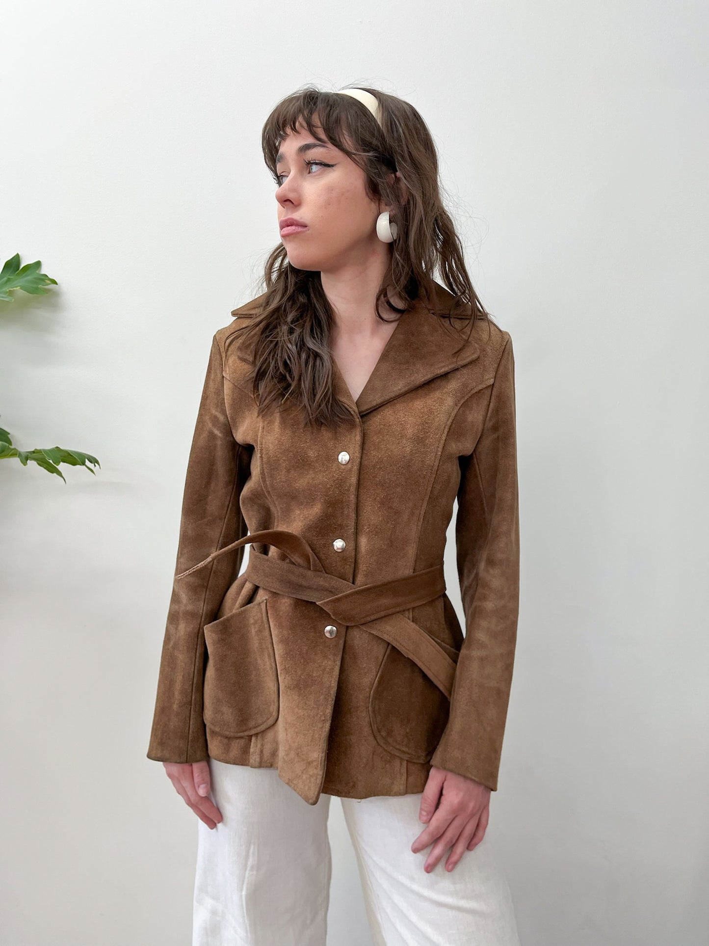 1970s Vintage Brown Suede Leather Snap Jacket with Belt