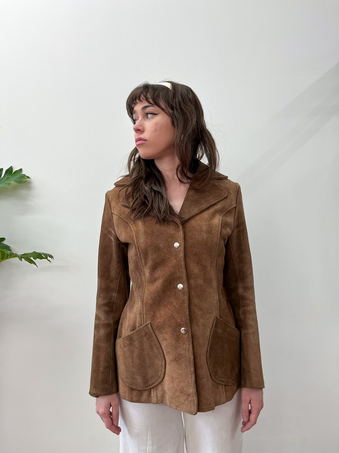 1970s Vintage Brown Suede Leather Snap Jacket with Belt