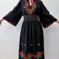 1960s - 1970s Vintage Hungarian Black Hand Embroidered Folk Dress