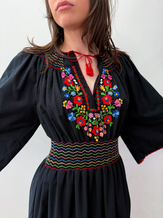 1960s - 1970s Vintage Hungarian Black Hand Embroidered Folk Dress