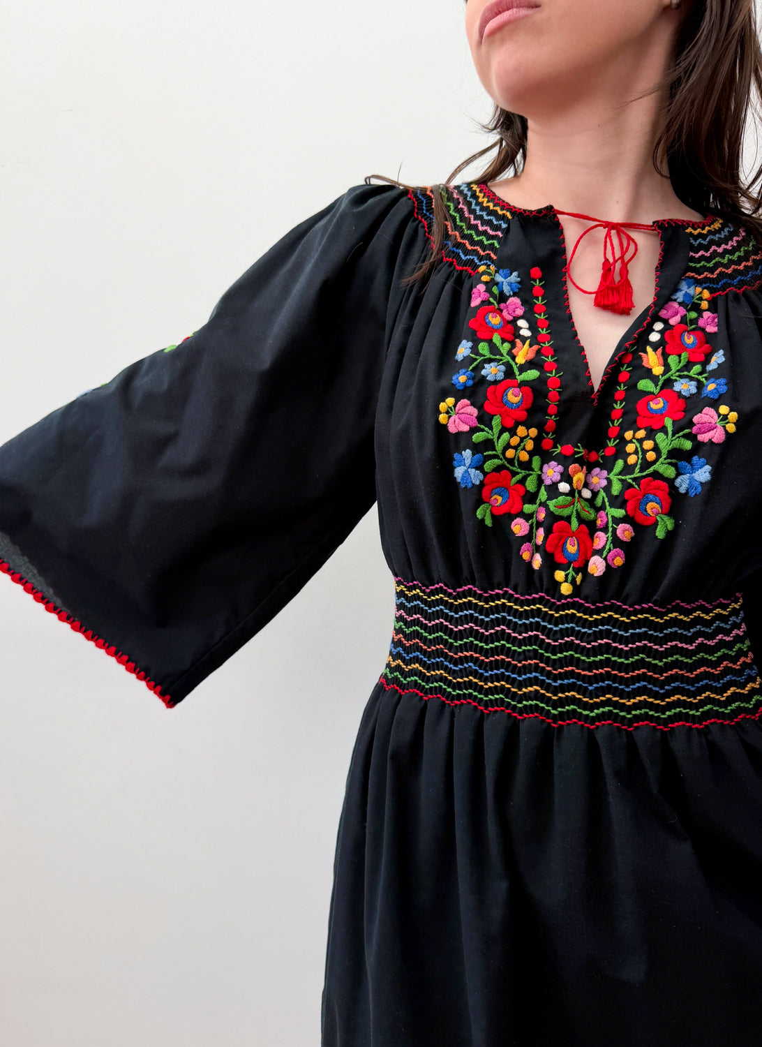 1960s - 1970s Vintage Hungarian Black Hand Embroidered Folk Dress