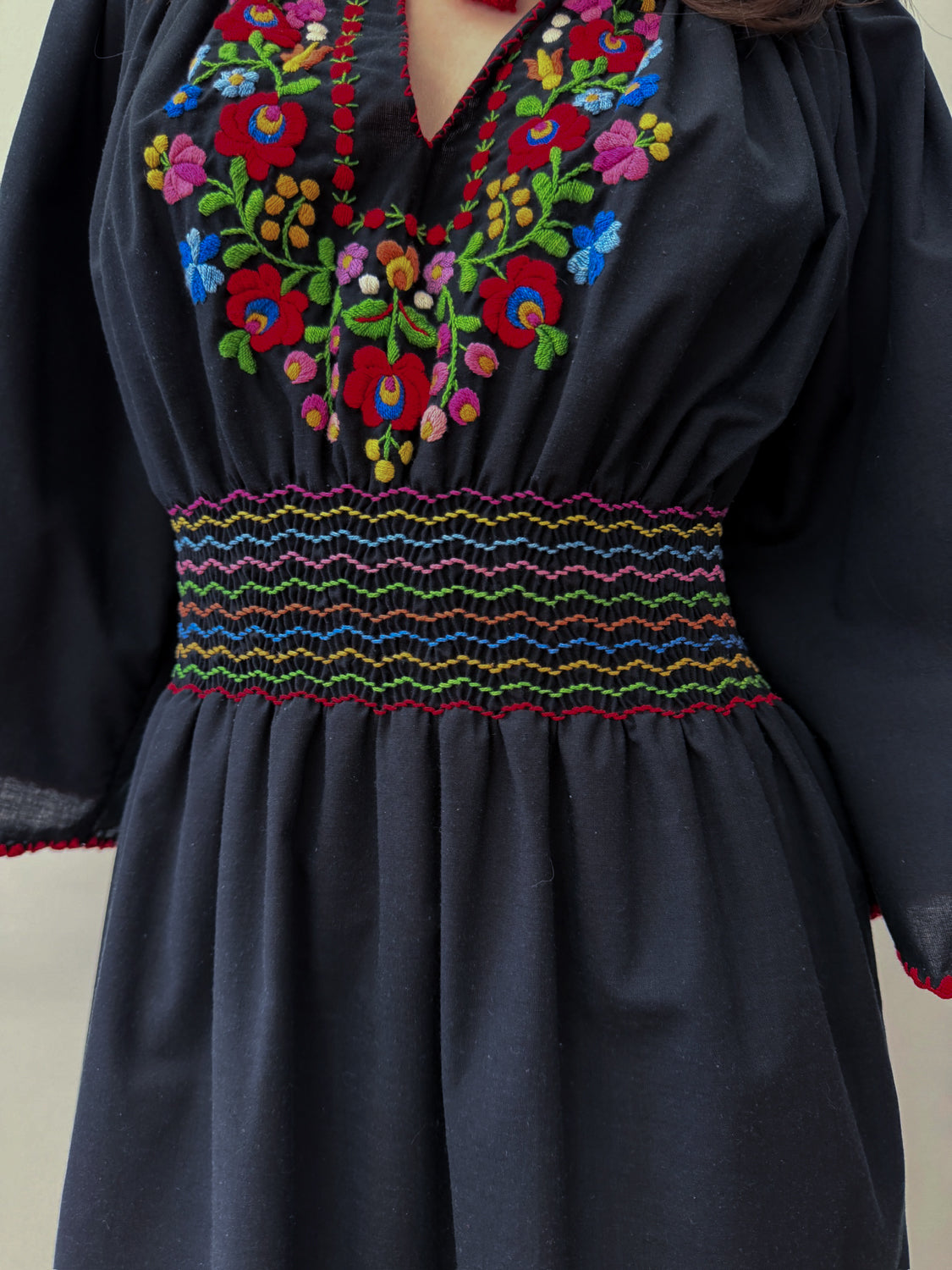 1960s - 1970s Vintage Hungarian Black Hand Embroidered Folk Dress