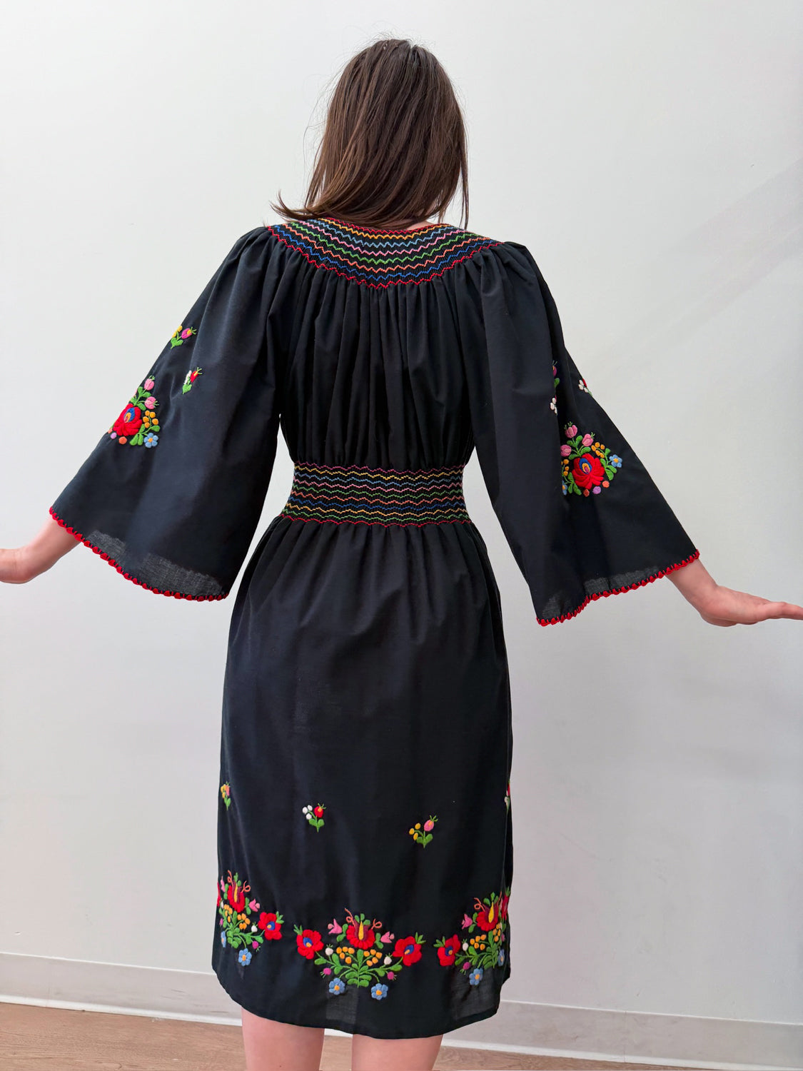 1960s - 1970s Vintage Hungarian Black Hand Embroidered Folk Dress