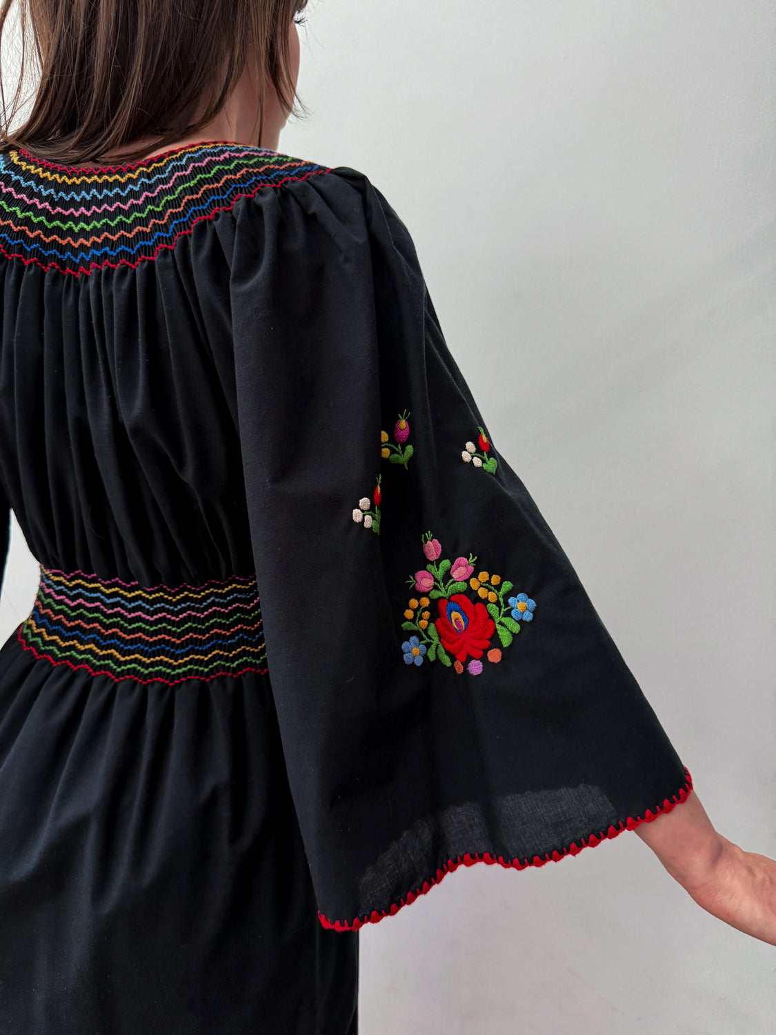 1960s - 1970s Vintage Hungarian Black Hand Embroidered Folk Dress