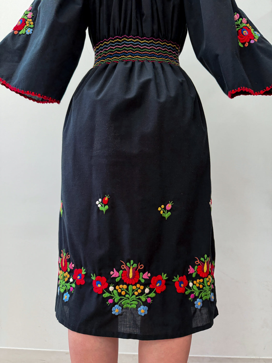 1960s - 1970s Vintage Hungarian Black Hand Embroidered Folk Dress