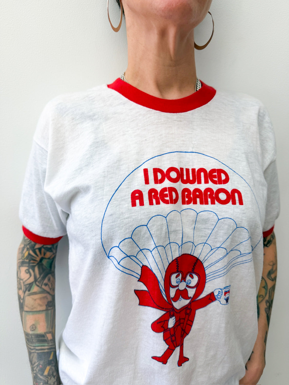 1970s - 1980s Vintage Seagram's Gin Red Baron Recipe Ringer Tee Shirt