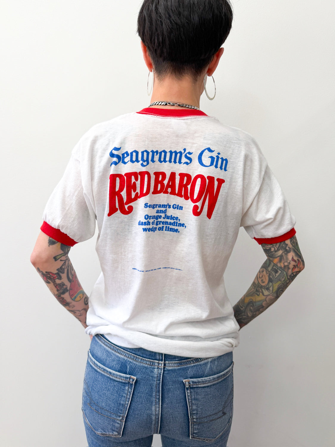 1970s - 1980s Vintage Seagram's Gin Red Baron Recipe Ringer Tee Shirt
