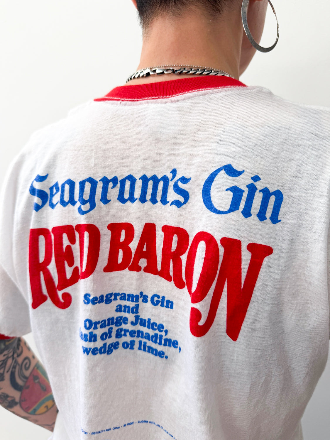 1970s - 1980s Vintage Seagram's Gin Red Baron Recipe Ringer Tee Shirt
