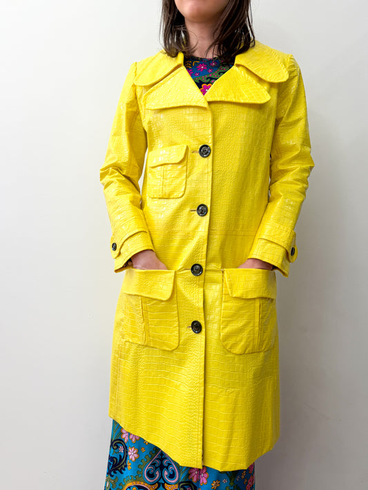1960s Vintage Vogue Paris Bright Yellow Mod Embossed Vinyl Reptile Print Jacket