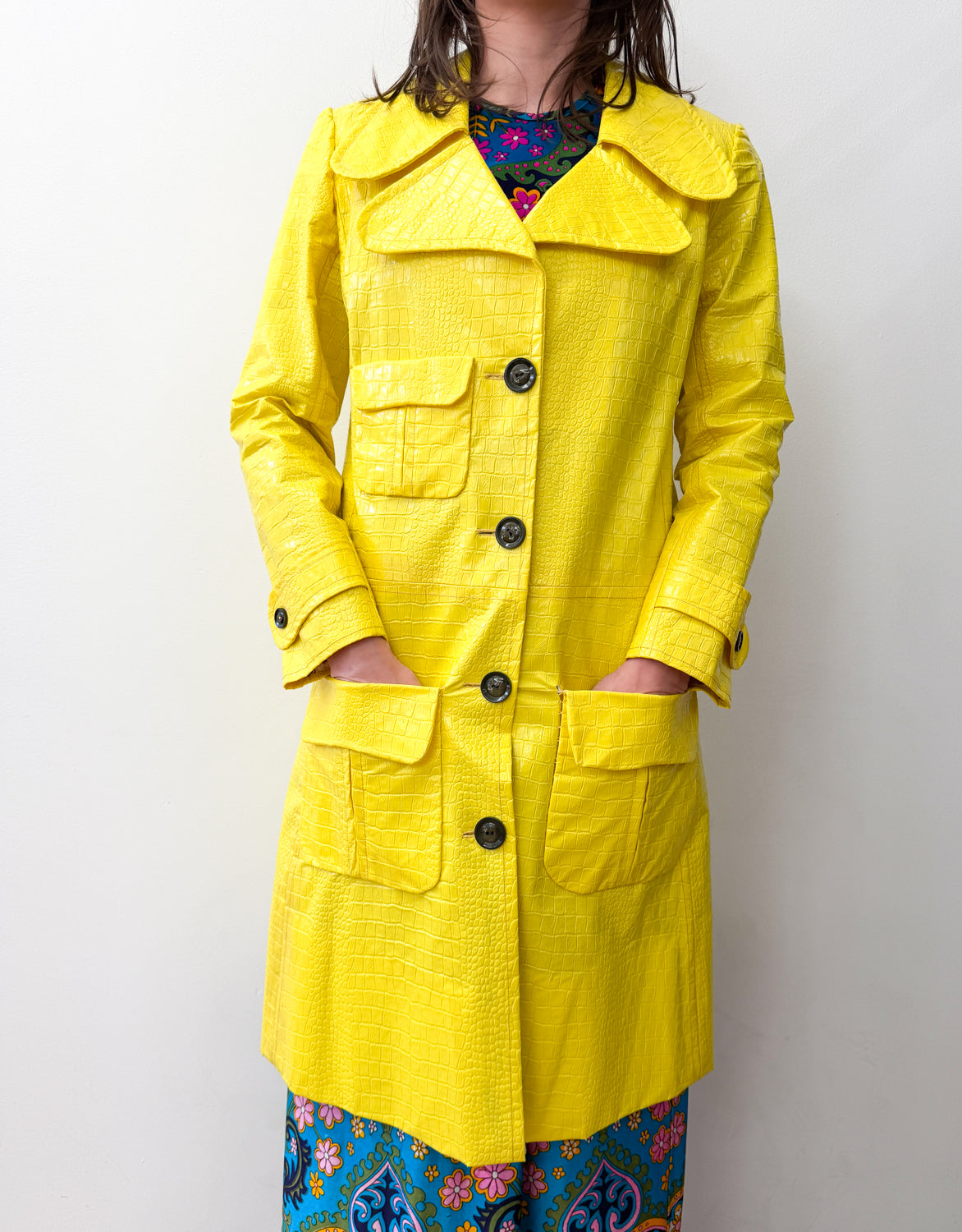 1960s Vintage Vogue Paris Bright Yellow Mod Embossed Vinyl Reptile Print Jacket
