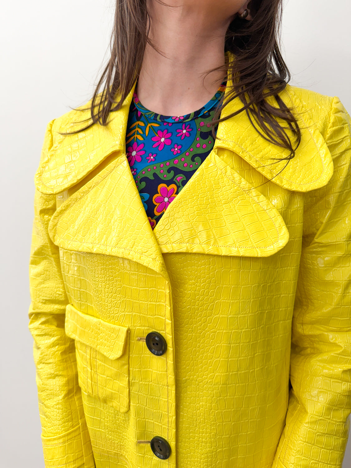 1960s Vintage Vogue Paris Bright Yellow Mod Embossed Vinyl Reptile Print Jacket