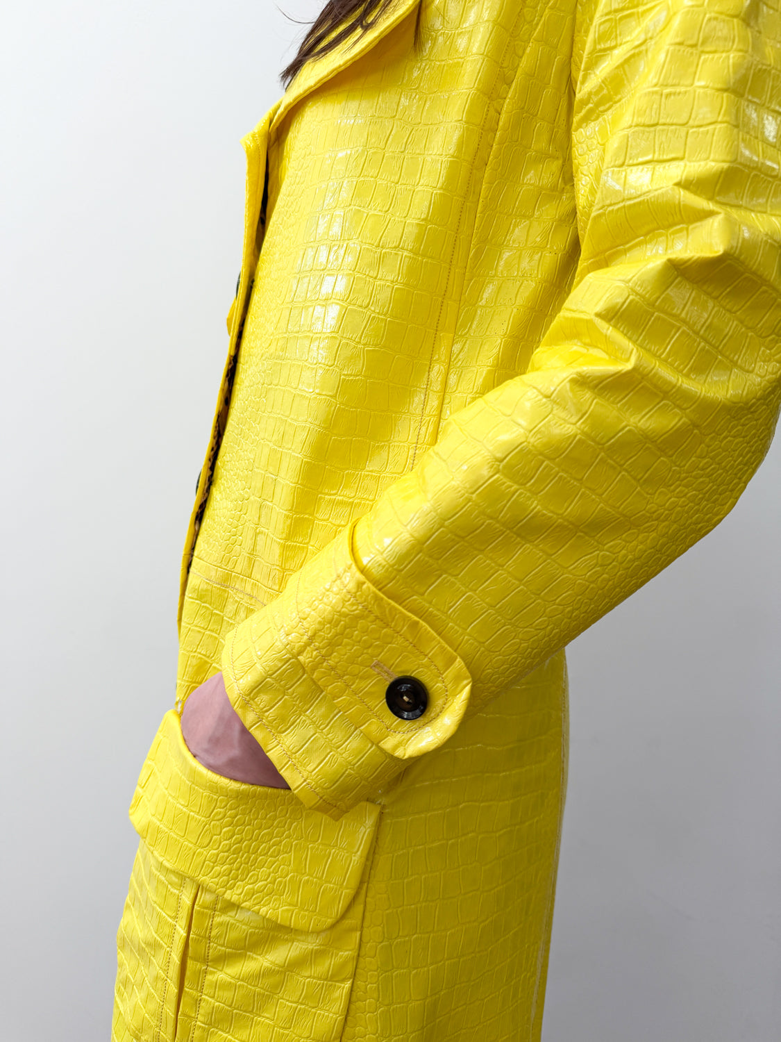 1960s Vintage Vogue Paris Bright Yellow Mod Embossed Vinyl Reptile Print Jacket