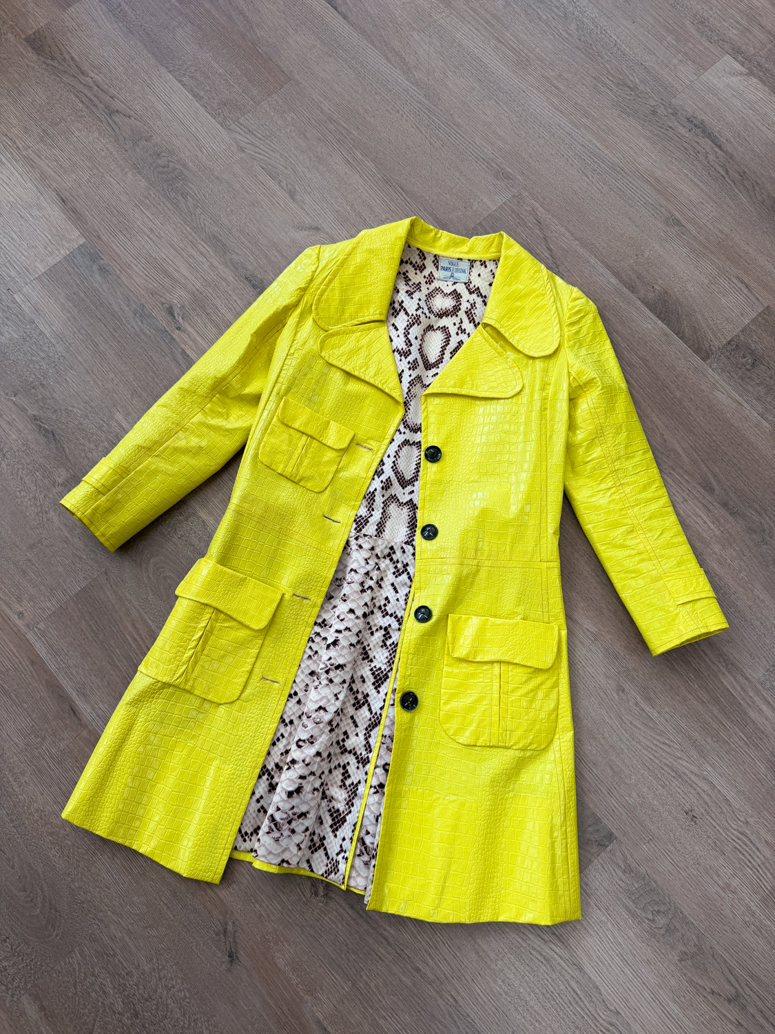 1960s Vintage Vogue Paris Bright Yellow Mod Embossed Vinyl Reptile Print Jacket