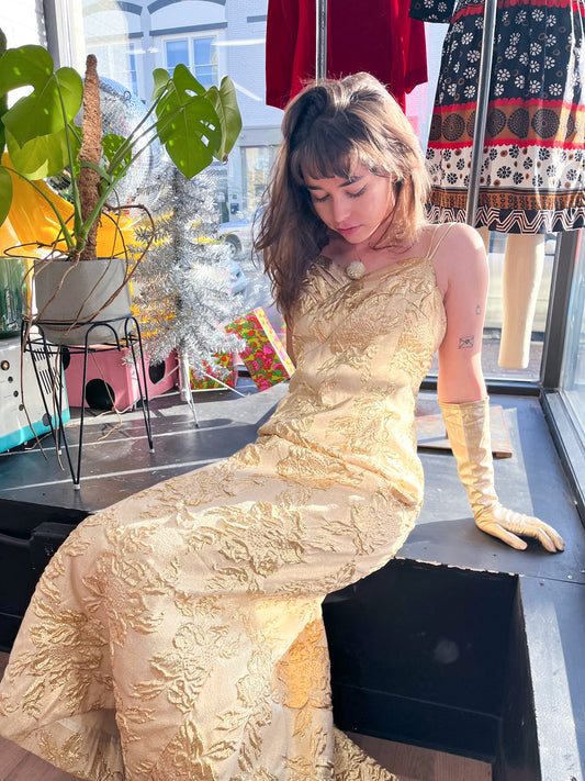 1950s Vintage Golden Floral Brocade Cocktail Maxi Dress