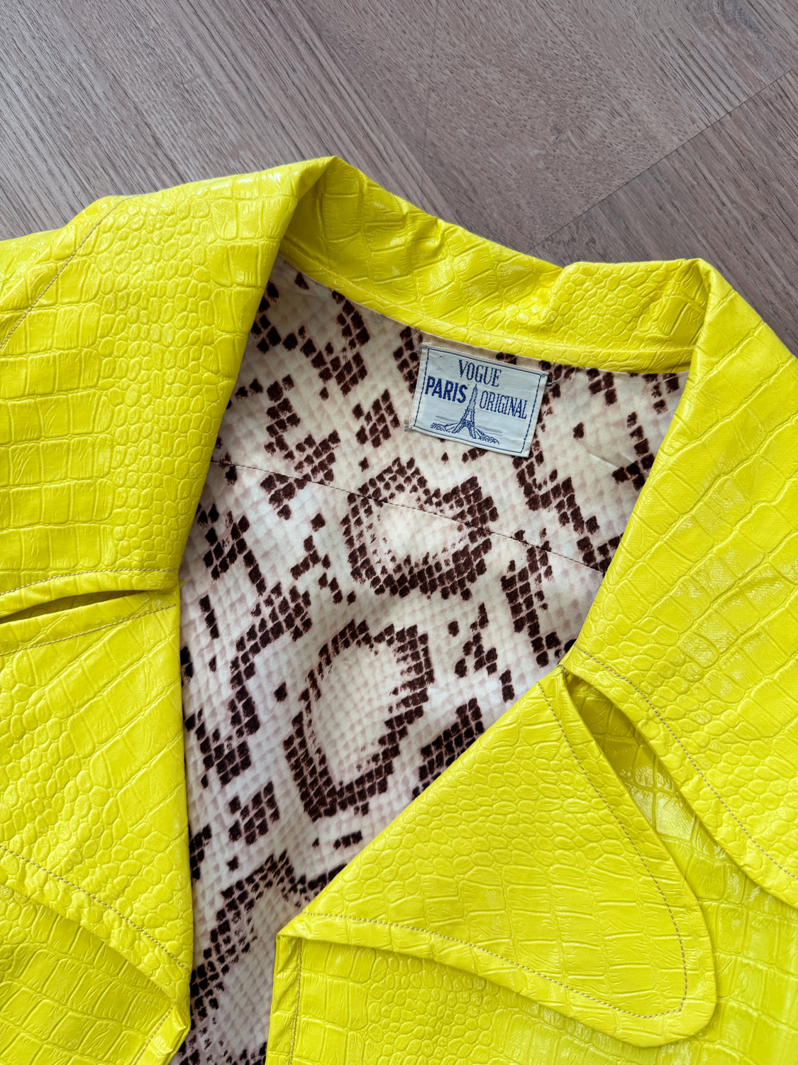 1960s Vintage Vogue Paris Bright Yellow Mod Embossed Vinyl Reptile Print Jacket