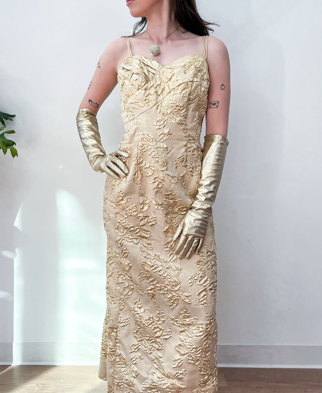 1950s Vintage Golden Floral Brocade Cocktail Maxi Dress