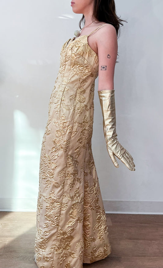 1950s Vintage Golden Floral Brocade Cocktail Maxi Dress