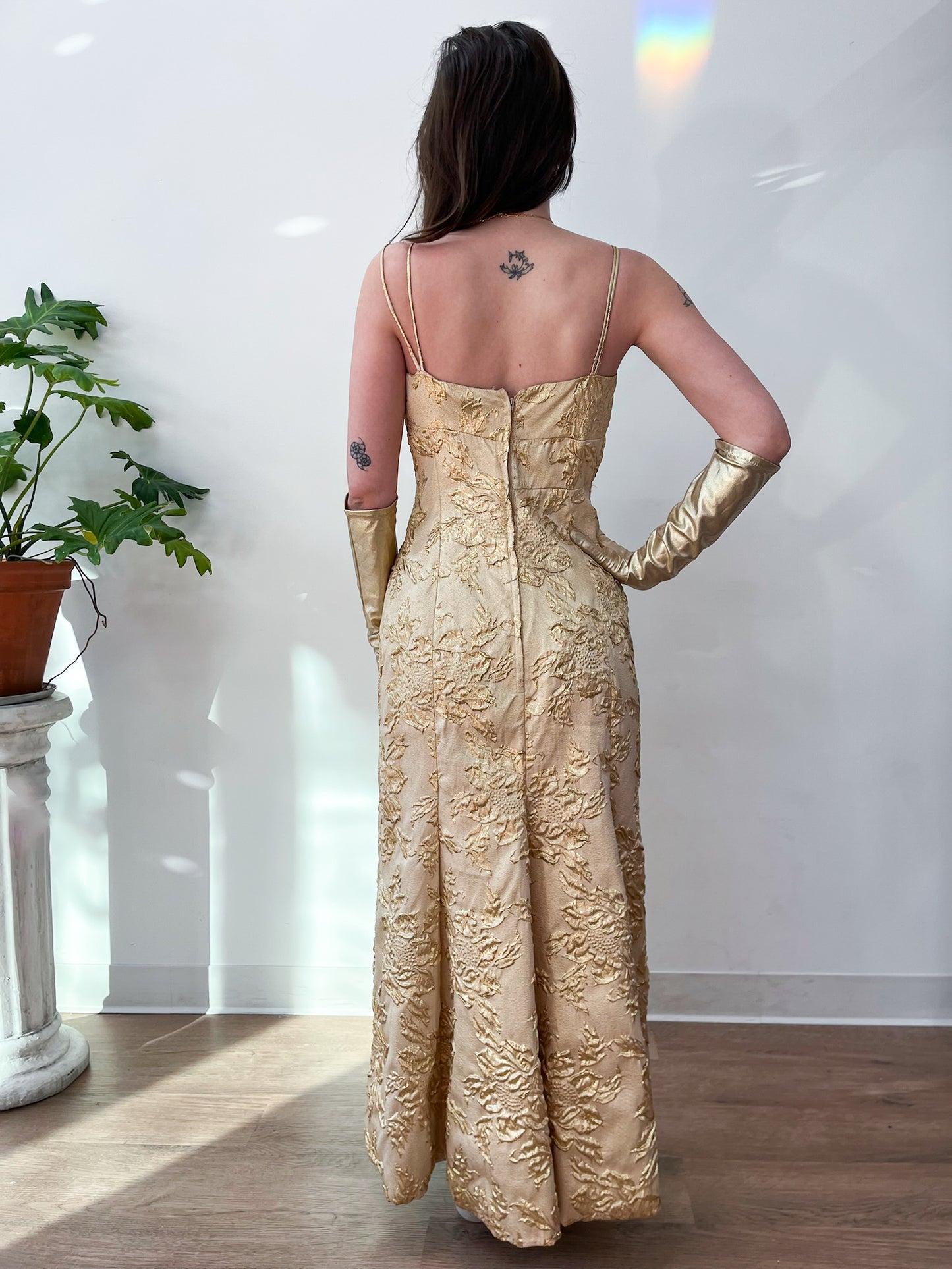 1950s Vintage Golden Floral Brocade Cocktail Maxi Dress