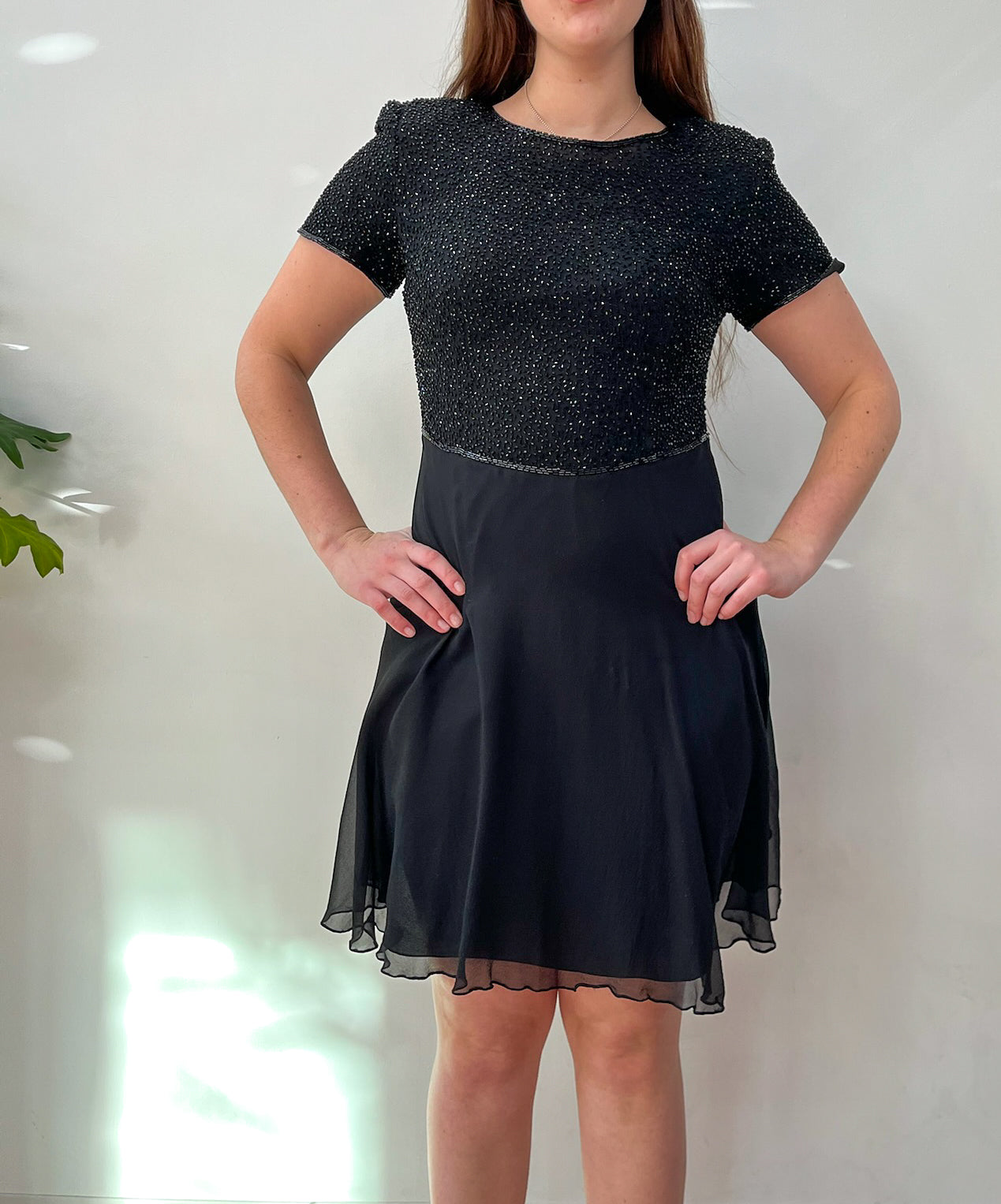 1990s Vintage Black Formal Sequin & Silk Dress