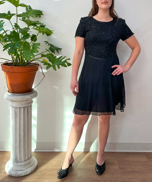 1990s Vintage Black Formal Sequin & Silk Dress