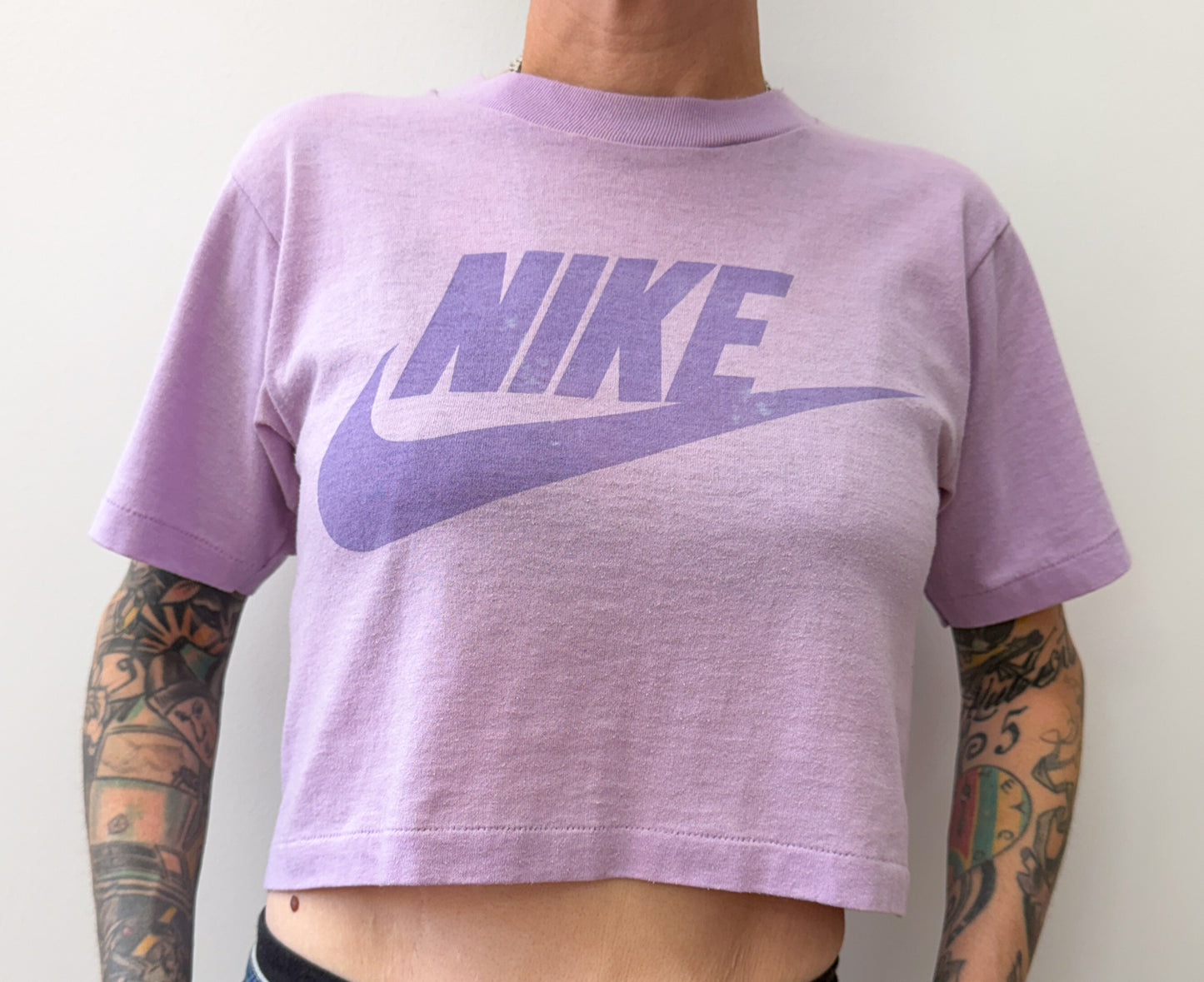 1980s Vintage NIKE Swoosh Lavender Purple Crop Top Tee