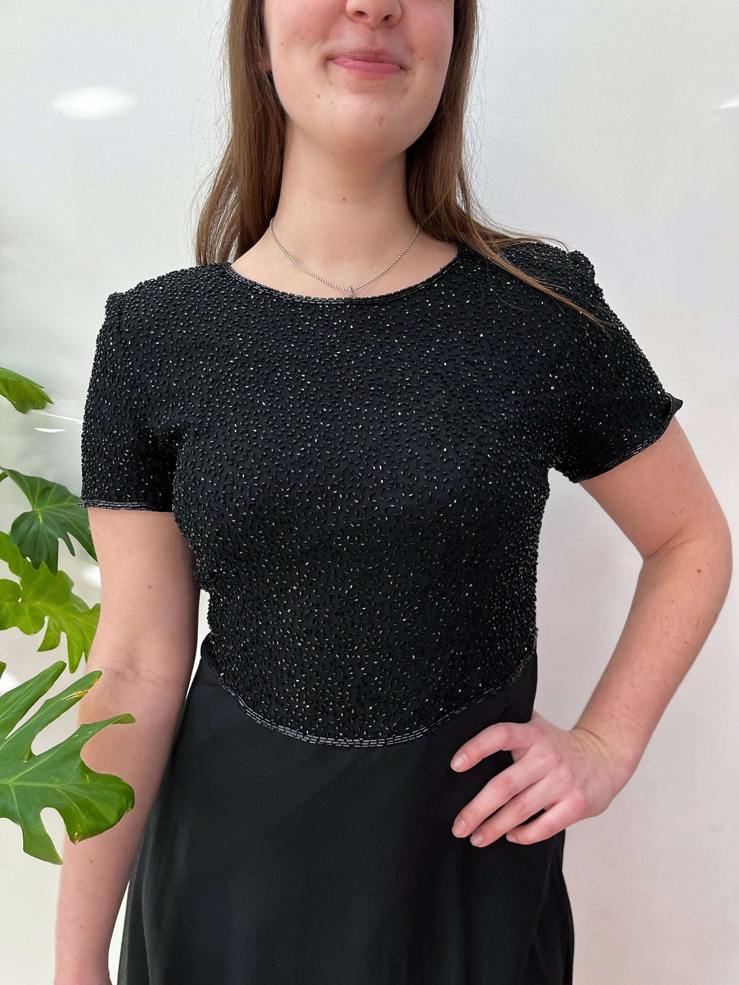 1990s Vintage Black Formal Sequin & Silk Dress