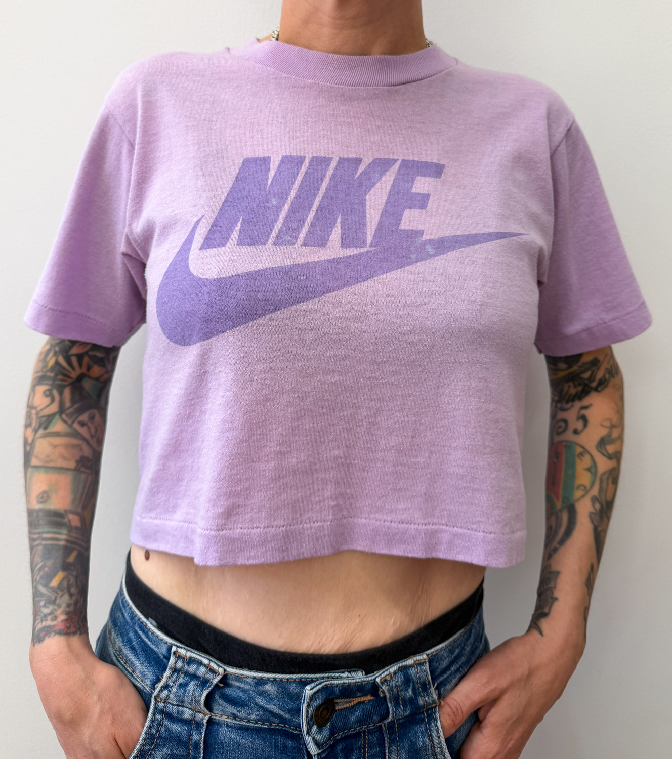1980s Vintage NIKE Swoosh Lavender Purple Crop Top Tee