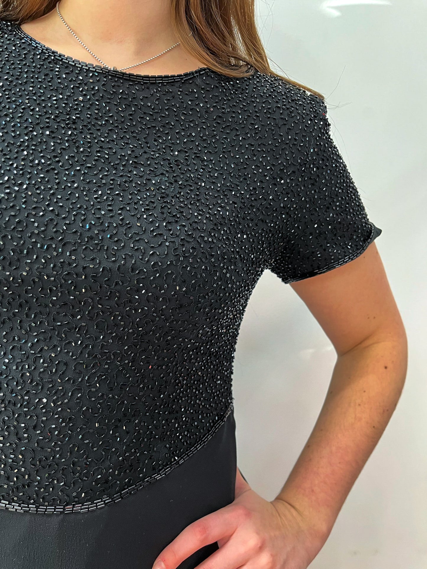 1990s Vintage Black Formal Sequin & Silk Dress