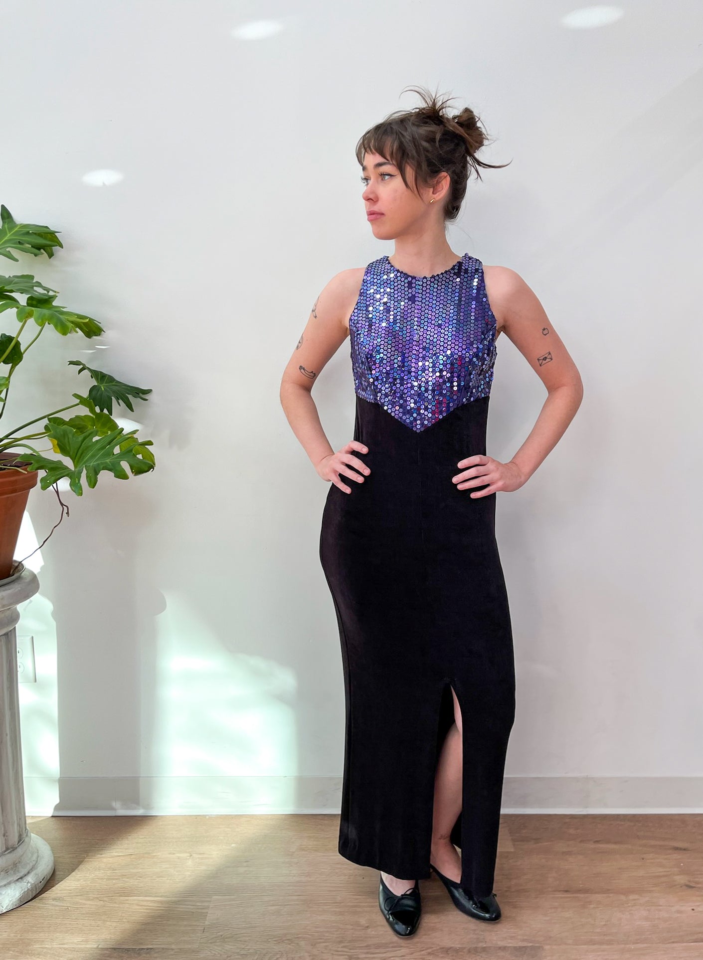 1990s Vintage Purple Sequins with Black Maxi Party NYE Dress