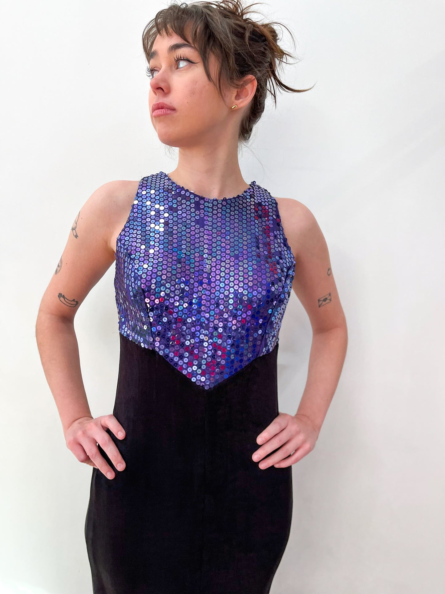 1990s Vintage Purple Sequins with Black Maxi Party NYE Dress