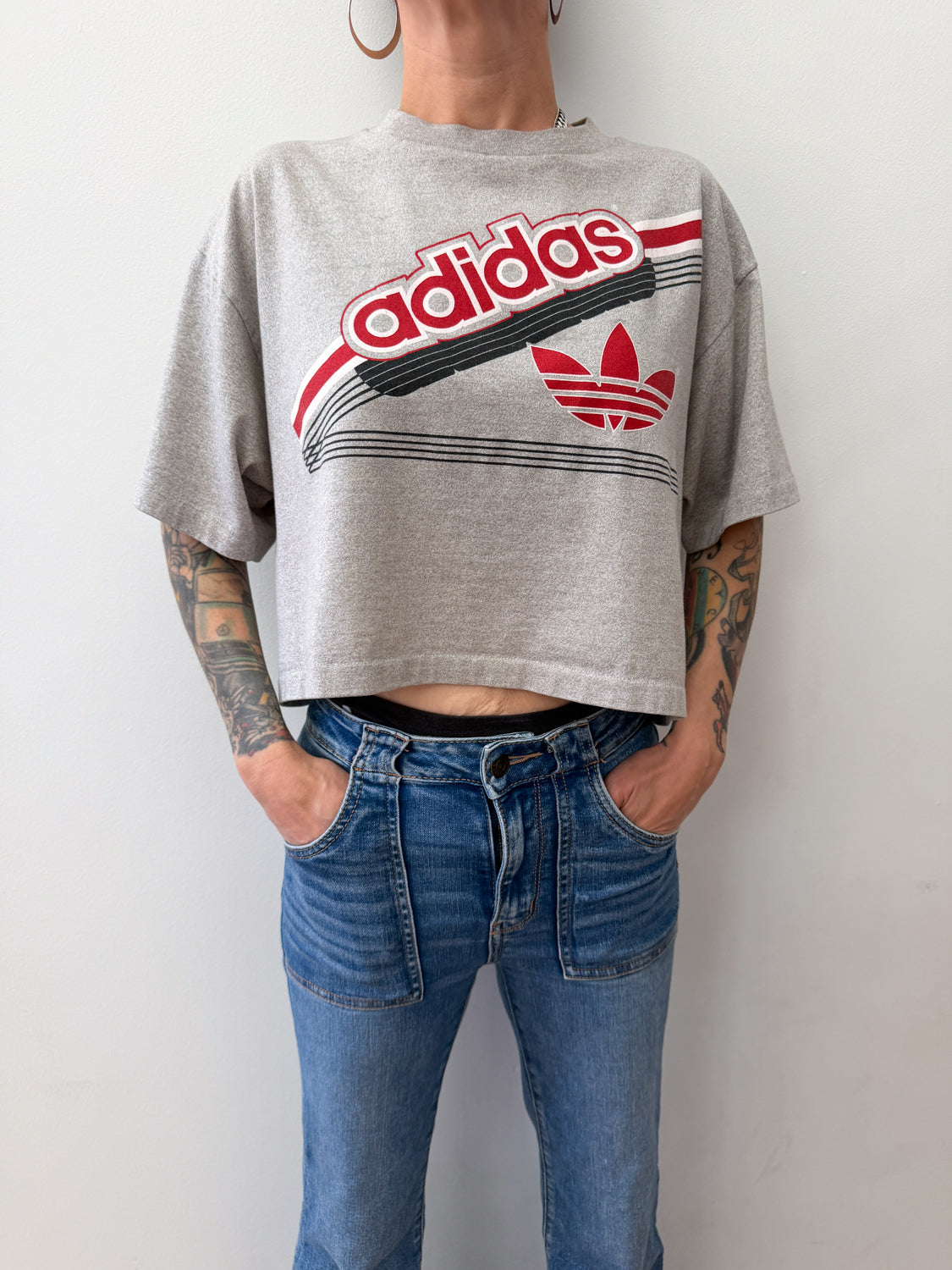 1980s Vintage ADIDAS Heather Grey Crop Top Tee