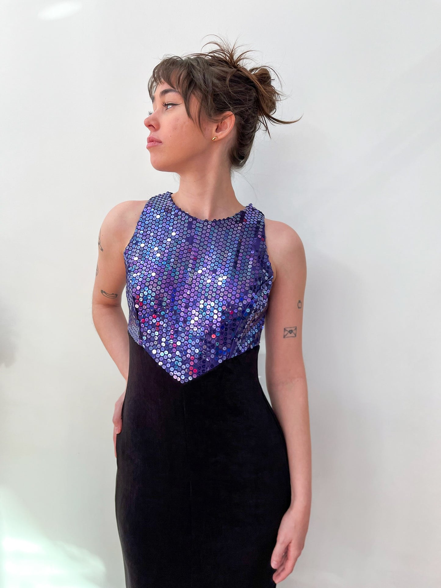 1990s Vintage Purple Sequins with Black Maxi Party NYE Dress