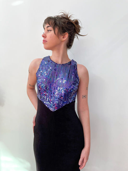 1990s Vintage Purple Sequins with Black Maxi Party NYE Dress
