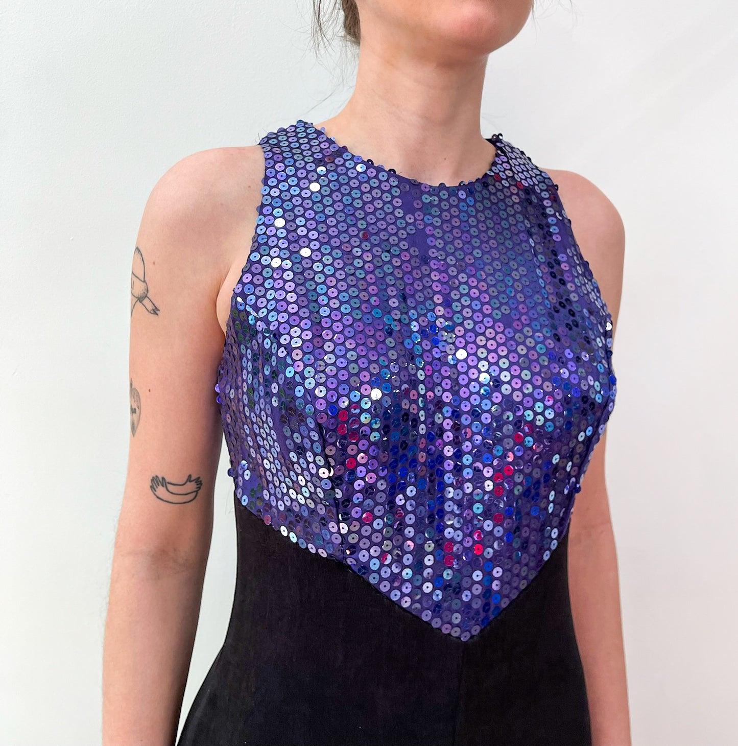 1990s Vintage Purple Sequins with Black Maxi Party NYE Dress