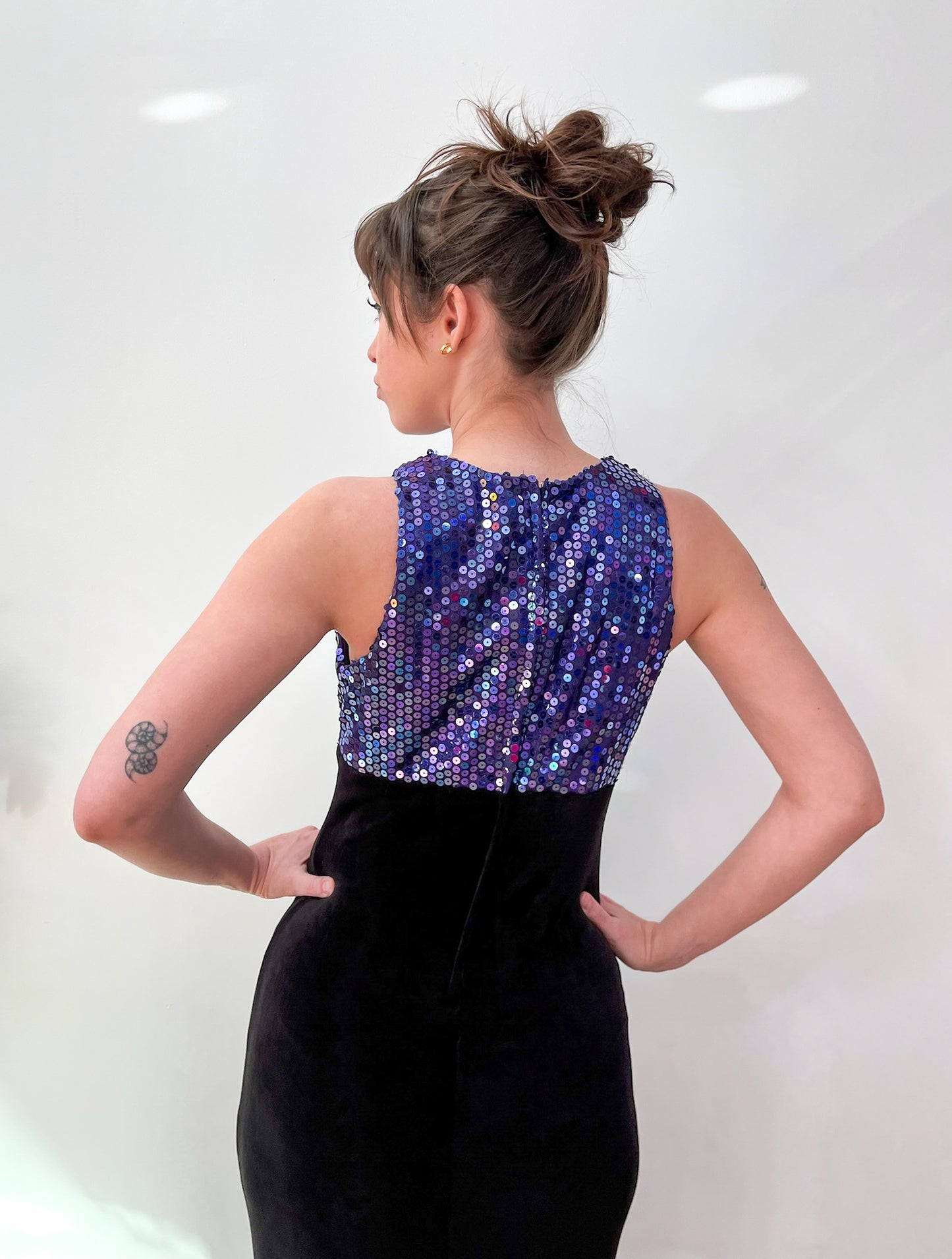 1990s Vintage Purple Sequins with Black Maxi Party NYE Dress