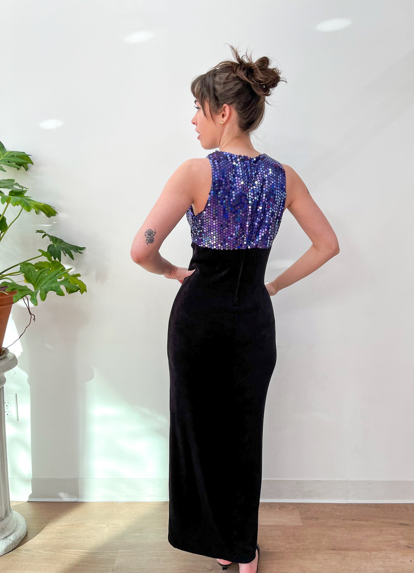1990s Vintage Purple Sequins with Black Maxi Party NYE Dress