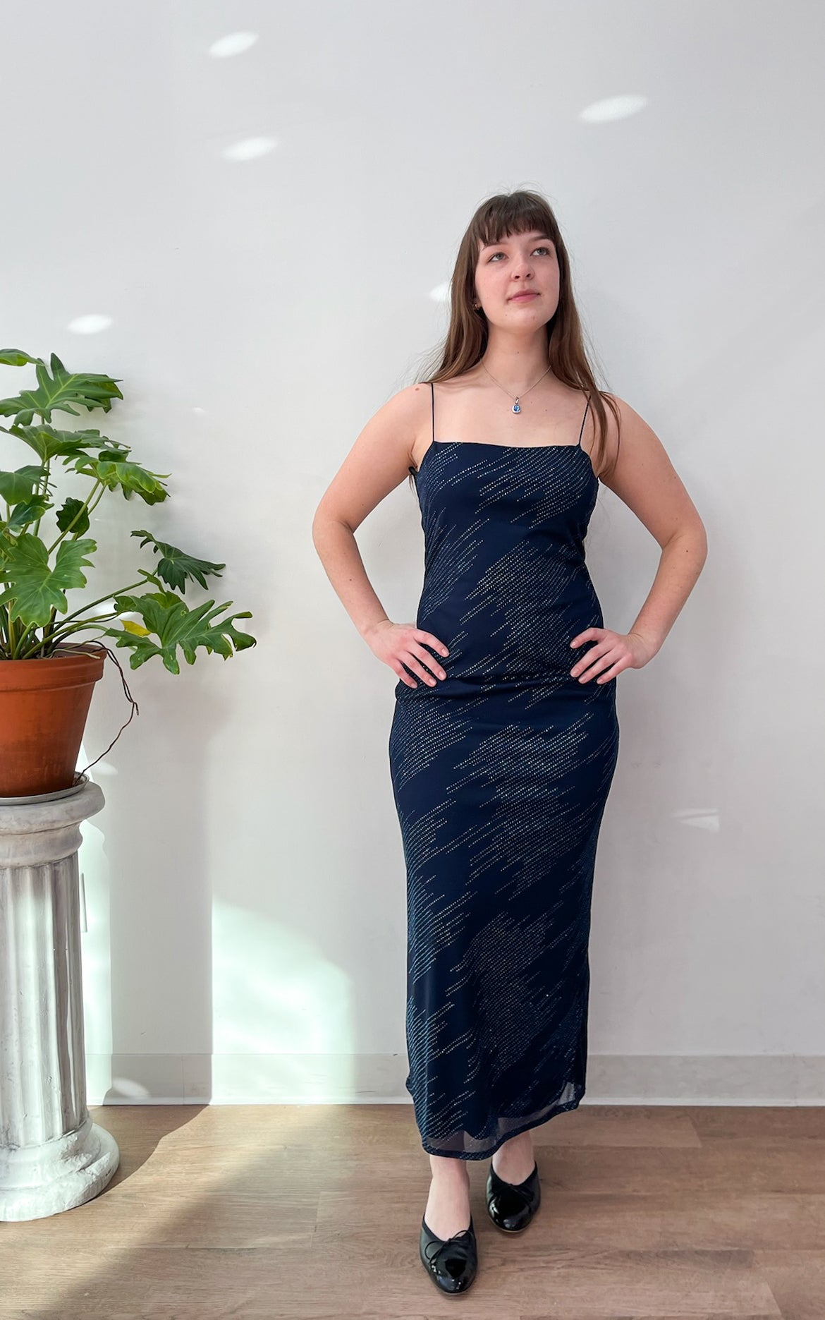 1990s Vintage Night Sky Deep Navy Sequined Prom Party Dress