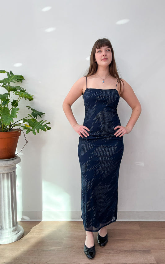 1990s Vintage Night Sky Deep Navy Sequined Prom Party Dress