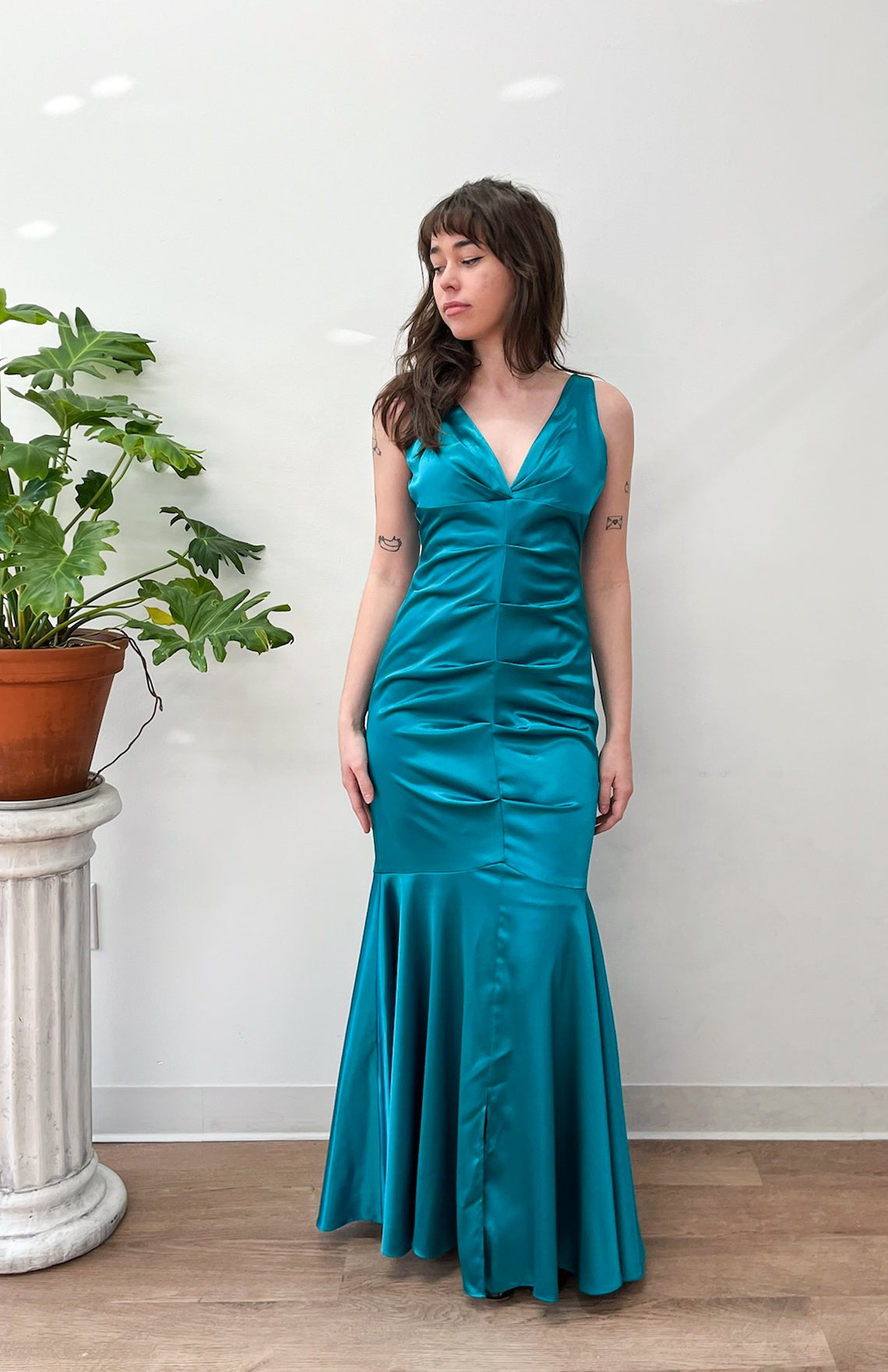 2000s Y2K Vintage Teal Mermaid Hem Prom Formal Party Gown Dress