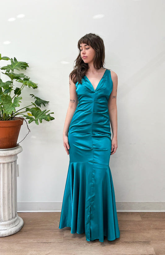 2000s Y2K Vintage Teal Mermaid Hem Prom Formal Party Gown Dress