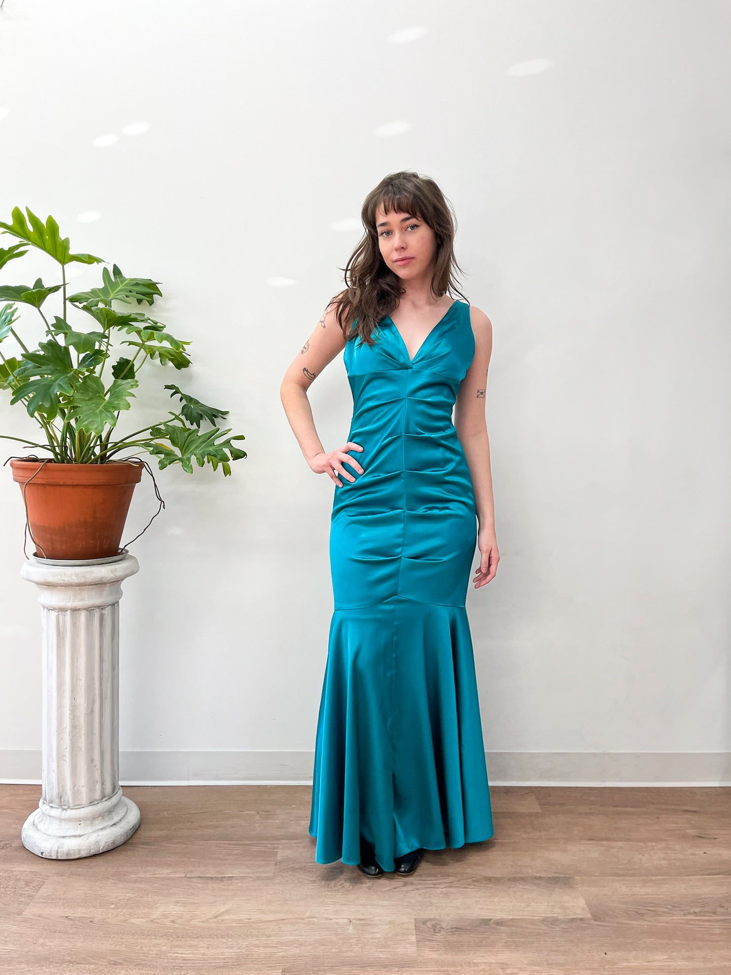 2000s Y2K Vintage Teal Mermaid Hem Prom Formal Party Gown Dress