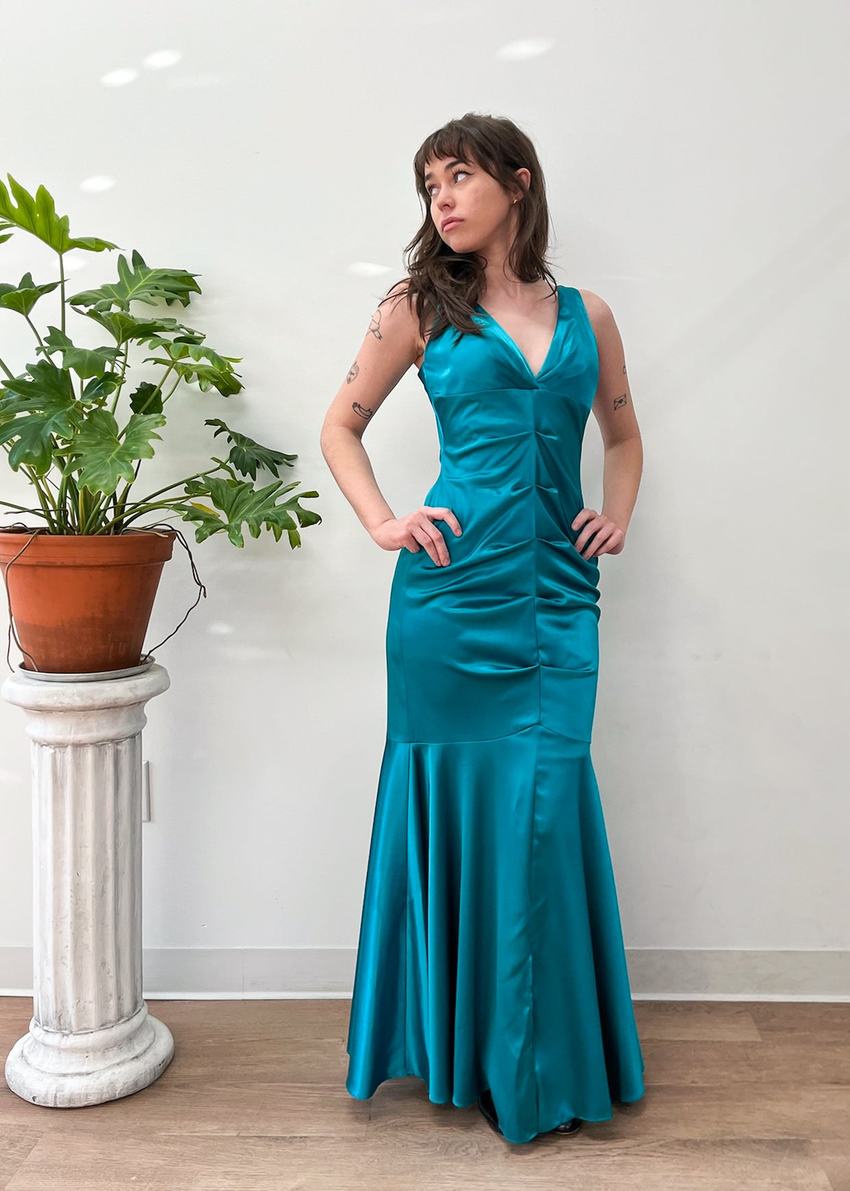 2000s Y2K Vintage Teal Mermaid Hem Prom Formal Party Gown Dress