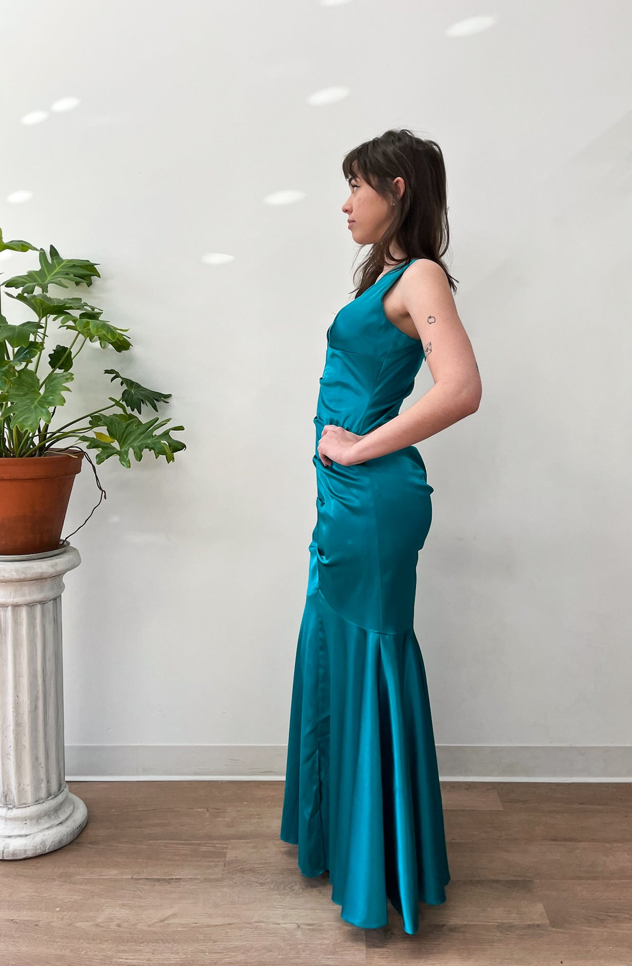 2000s Y2K Vintage Teal Mermaid Hem Prom Formal Party Gown Dress